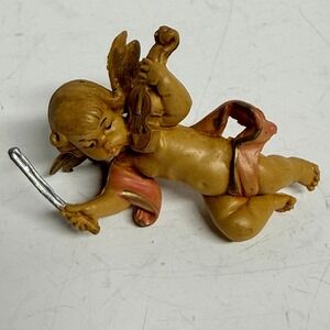 Vintage Italian Cherub Angel Figurine Playing Violin Gold Wings Pink Sash 2.75"